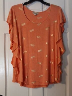 One World Coral Orange Ruffle Sleeve Top with Gold Foil Pinapple Accents
